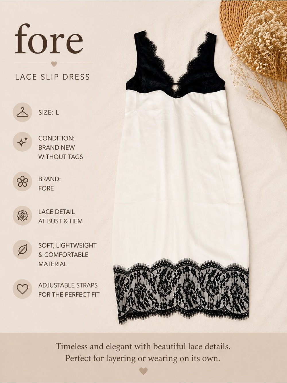 Fore Lace-Trim Midi Slip Dress in White and Black